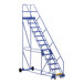 A blue Vestil steel rolling warehouse ladder.