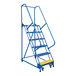 A blue steel Vestil slope ladder with metal steps and yellow grip handles.