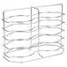 A silver metal rack with six shelves for holding plates.