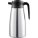 A silver stainless steel Bunn coffee pitcher with a black handle.