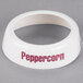 A white plastic dispenser collar with maroon text reading "Peppercorn" on a white background.