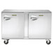 A Traulsen undercounter freezer with two right hinged doors and a stainless steel back.