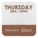 A brown and white square label with "Thursday" written in black text.