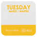 A white and yellow square sticker with the word "Tuesday" in yellow.