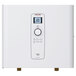 A white rectangular Stiebel Eltron tankless water heater with a digital screen.