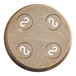 A circular metal Casarecce pasta die with white marks on it.