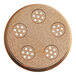 A circular metal pasta die with holes in it.