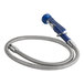 A blue hose with a metal Waterloo pre-rinse spray nozzle attached to it.