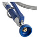A blue hose with a silver handle attached to it.