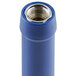 A close-up of a blue plastic tube with a metal nut.