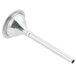 A silver metal funnel with a long white handle.