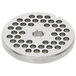 A stainless steel Hobart #12 1/4" meat grinder plate with holes.