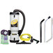 A ProTeam LineVacer backpack vacuum cleaner with various tools attached.