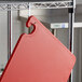 A San Jamar red cutting board hanging from a hook.