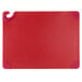 A red San Jamar plastic cutting board with a hook.
