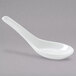 A white porcelain Chinese wonton spoon with a long handle.