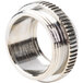 A silver metal T&S self-closing index ring with a circular design.