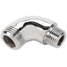 A polished chrome plated spout with a shiny silver pipe fitting.