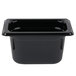 A black rectangular Vollrath plastic food pan.