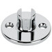 A chrome plated metal flange support with two holes.