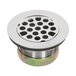A stainless steel Advance Tabco drain assembly with a strainer plate over the drain.