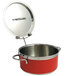 A Bon Chef red pot with a lid on a round metal lid holder.