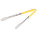 Two Vollrath stainless steel tongs with yellow Kool Touch handles.