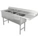 A stainless steel Advance Tabco three compartment sink with one drainboard.