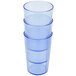 A stack of three Cambro slate blue plastic tumblers.