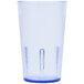 A clear plastic Cambro tumbler with a blue rim.