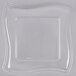 A clear dome lid with a curved edge for Fineline Wavetrends square plastic plates.