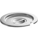 A Vollrath stainless steel slotted lid with a hole in it.