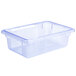 A clear plastic container with a blue lid.