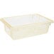 A clear plastic Carlisle food storage container with a yellow lid.