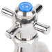 A T&S stainless steel wall-mount faucet with four arm handle and blue button.