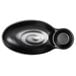 A black oval shaped tray with two compartments.