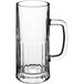 An Acopa clear glass beer mug with a handle.