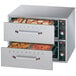 A Hatco freestanding drawer warmer with two drawers holding trays of food and bread.