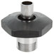 A T&S black and silver metal pot and kettle filler outlet with a threaded pipe fitting and metal nut.