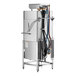 A commercial high temperature tall dish and sheet pan washer with exposed hoses and metal frame.