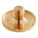 A close-up of a round brass spray head with a nut.