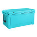 A sky blue CaterGator outdoor cooler with a black handle and lid.