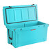 A CaterGator sky blue outdoor cooler with a lid open.