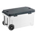 A white CaterGator outdoor cooler with black lid and wheels.