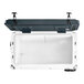 A white CaterGator outdoor cooler with black handles and a lid open.