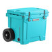A sky blue CaterGator outdoor cooler with black wheels.