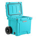 A sky blue CaterGator outdoor cooler with wheels.