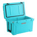 A CaterGator sky blue cooler with a lid open.