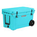 A CaterGator sky blue outdoor cooler with black handles and wheels.