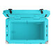 A CaterGator sky blue outdoor cooler with black handles and the lid open.